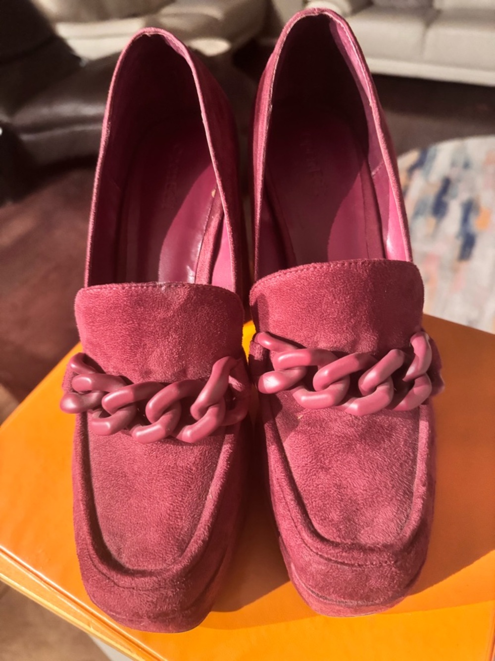 Women's Pink Suede Chain-Trim Loafers